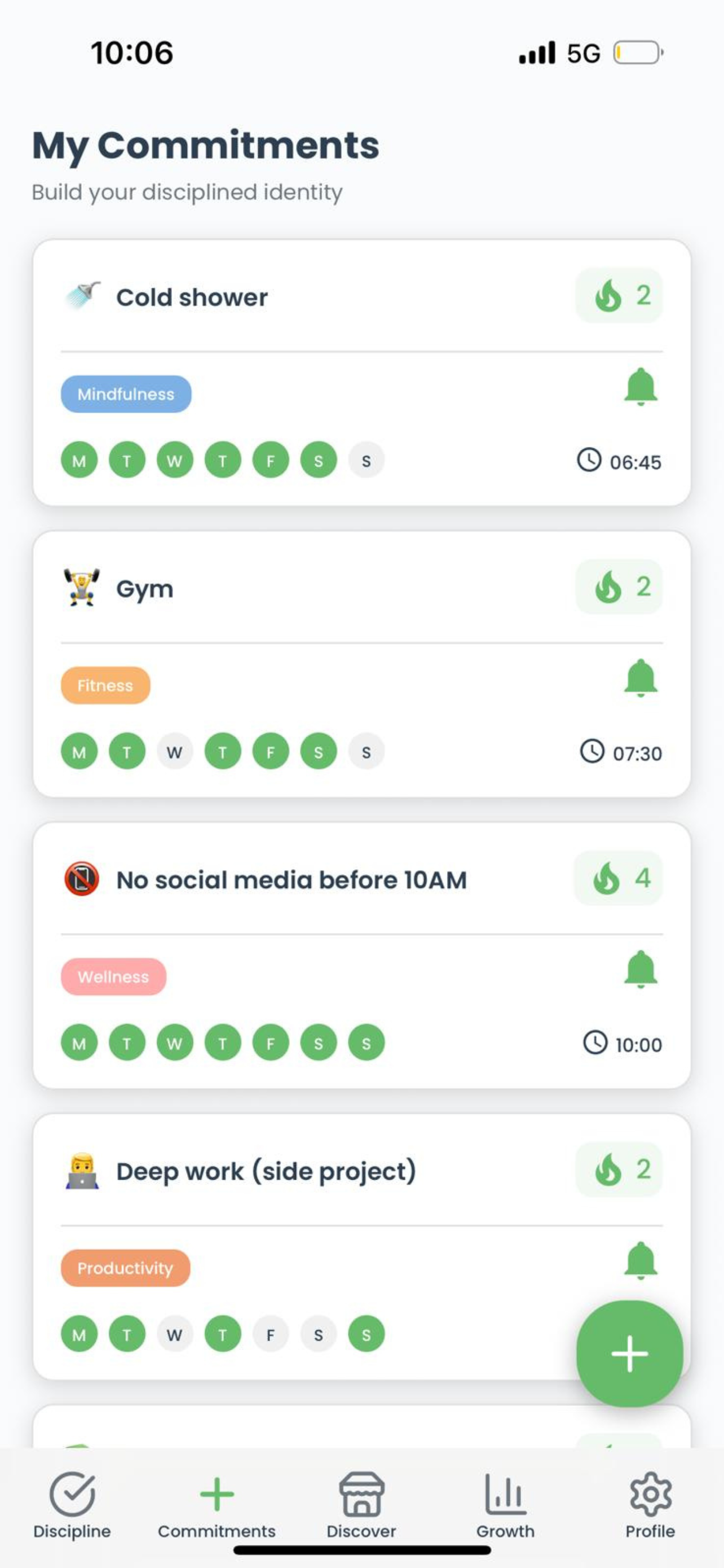 My Commitments screen showing list of commitments with categories and streak info